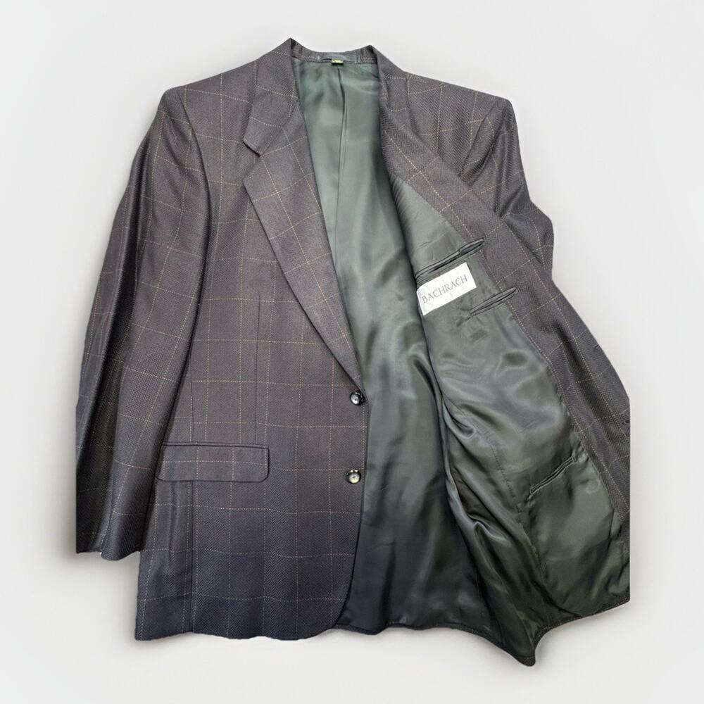 Bachrach Men’s Silk Black Blazer 42L Herringbone Weave Windowpane Check Pattern - Picture 3 of 10